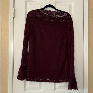 Cranberry Lace Blouse size L lined, bell sleeve stretch lace never worn
